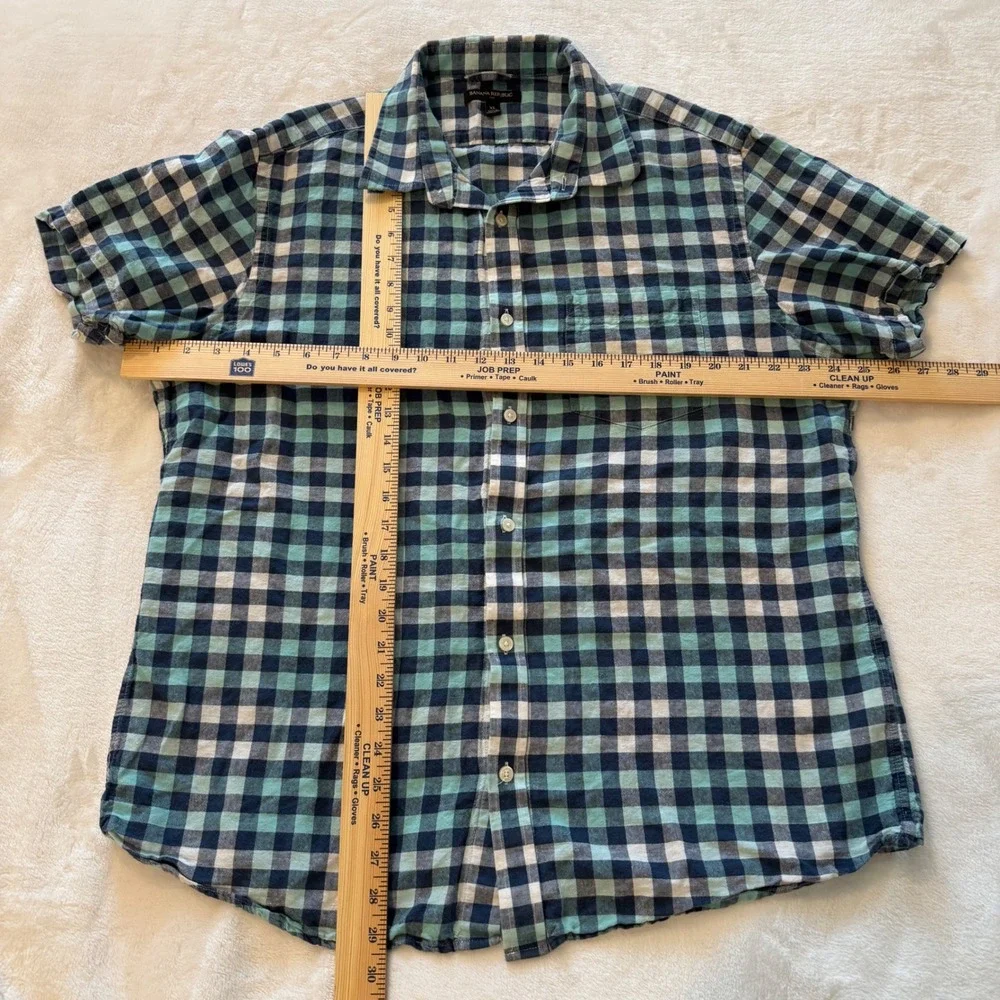 Banana Republic‎ Mens XL Blue Green Plaid Short Sleeve Button Up Shirt Linen